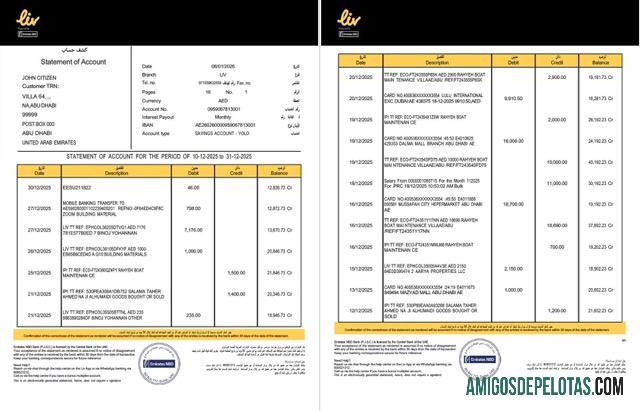 imprimível Emirados Árabes Unidos Liv. Extrato bancário digital modelo Word e PDF, 2 páginas